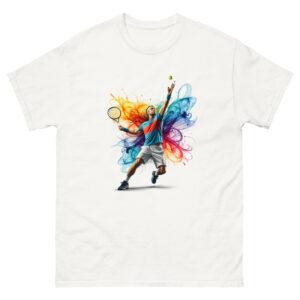 Klassisches Unisex T-Shirt mit Tennis Aufschlag buntes Bild