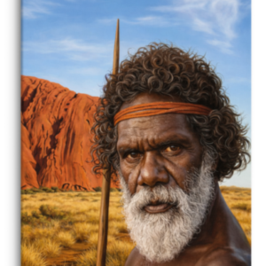 Spirit of the Outback – Porträt eines Aborigine-Ältesten vor roter Wüstenlandschaft | Leinwandbild Australien | Kunst aus dem australischen Outback