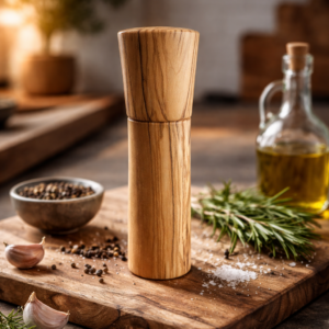 Handgefertigte Pfeffermühle aus hellem Olivenholz – 19 cm – Edles Küchen-Unikat