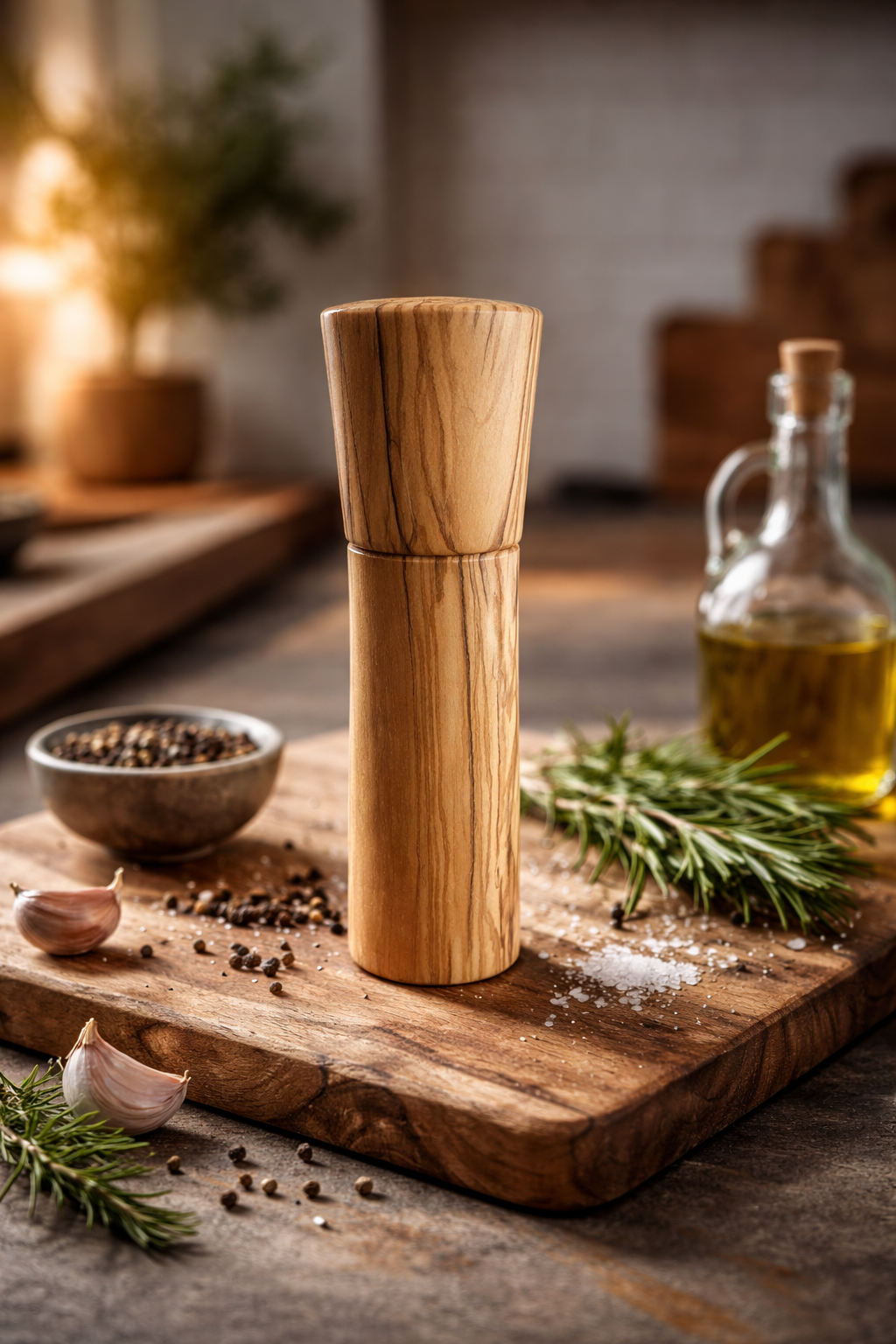 Handgefertigte Pfeffermühle aus hellem Olivenholz – 19 cm – Edles Küchen-Unikat