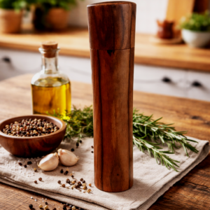 Große handgefertigte Pfeffermühle aus Nussbaumholz 26 cm auf Küchentisch – Einzelstück aus Naturholz