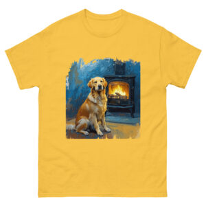 Golden Retriever am Kamin – Kunstshirt im Van Gogh Stil | Warmes Hundemotiv als künstlerisches T-Shirt