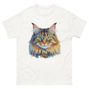 Maine-Coon Katzen T-Shirt – farbenfrohes Katzenporträt – Tierkunst Shirt für Katzenliebhaber – Unisex Baumwollshirt