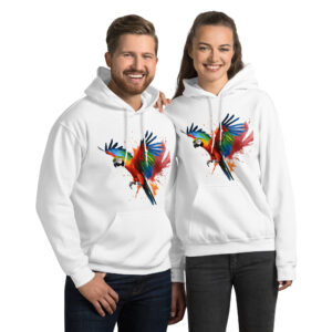 Farbenfroher Papagei auf weißem Unisex-Hoodie im modernen Farbsplash-Design – künstlerisches Ara Vogelmotiv auf Kapuzenpullover